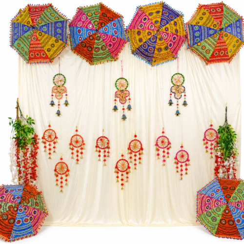 Carnival Bohemia Decor Setup – Vibrant Festive Backdrop with Rajasthani Umbrellas